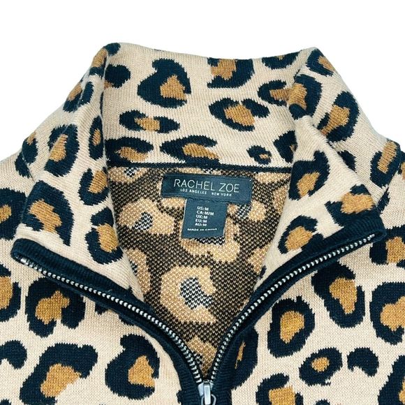 Rachel Zoe Women Medium Sweater Leopard AOP Full ZIp Pockets Collared Jacket - Picture 1 of 5